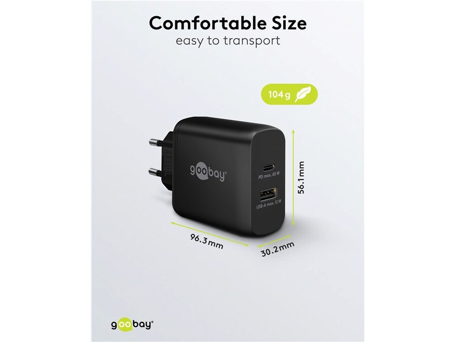 USB-C™ PD GaN lynlader - C (65W) + A (12W), Sort