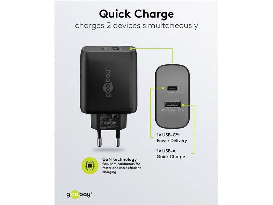 USB-C™ PD GaN lynlader - C (65W) + A (12W), Sort
