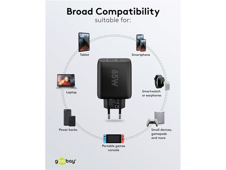 USB-C™ PD GaN lynlader - C (65W) + A (12W), Sort