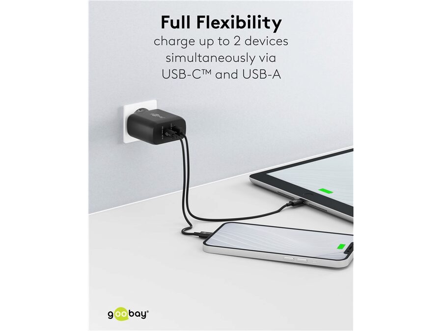 USB-C™ PD GaN lynlader - C (65W) + A (12W), Sort