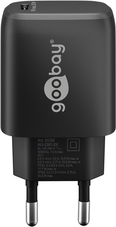 USB-C PD netadapter - 1xUSB-C, 5V/9V, 25W/3A, Sort