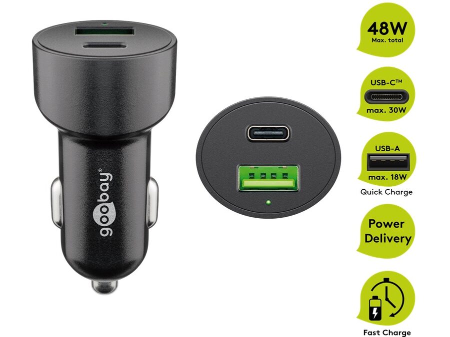 12/24V biladapter - USB-A (QC3.0) + USB-C (PD 48W)
