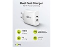 USB-C PD GaN netadapter - 1xUSB-C, 1xUSB-A, 45W/3A, Hvid