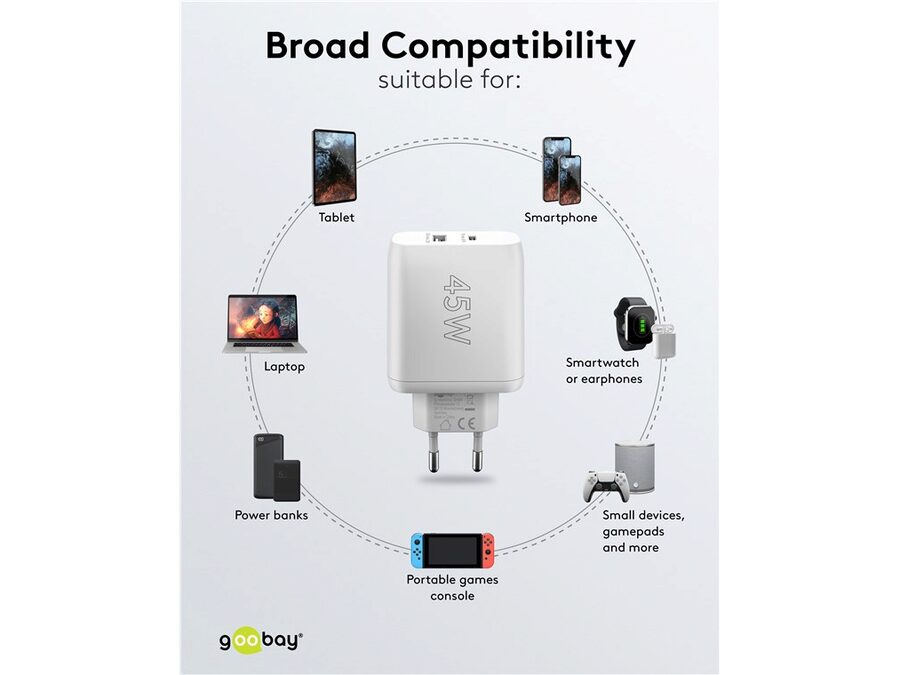 USB-C PD GaN netadapter - 1xUSB-C, 1xUSB-A, 45W/3A, Hvid