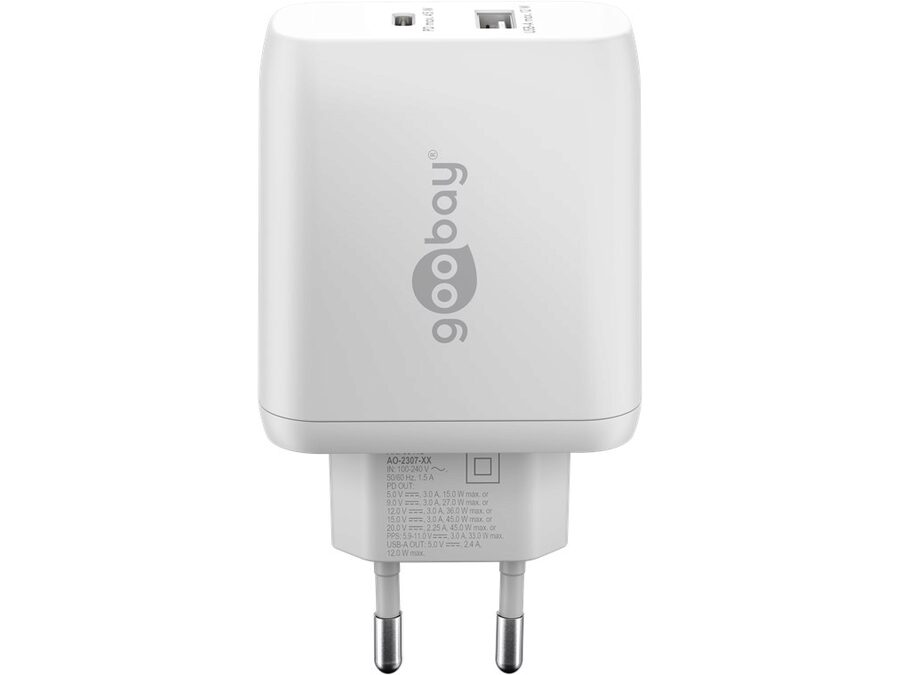 USB-C PD GaN netadapter - 1xUSB-C, 1xUSB-A, 45W/3A, Hvid