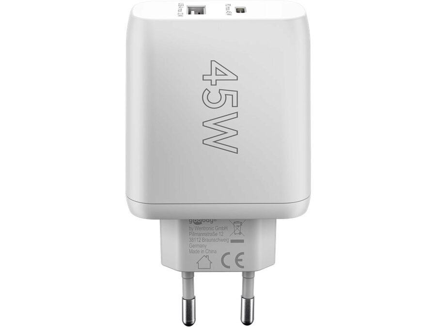USB-C PD GaN netadapter - 1xUSB-C, 1xUSB-A, 45W/3A, Hvid