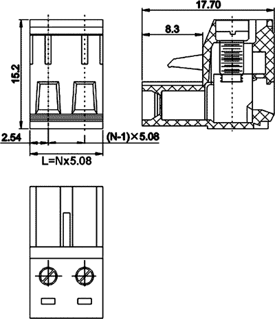 Indstik Skrueterminal - 2P hun, 5,08mm 300V/15A