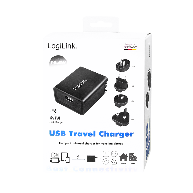 USB Rejseoplader - 5V 2,1A (US-/AU-/UK-/EU-stik)