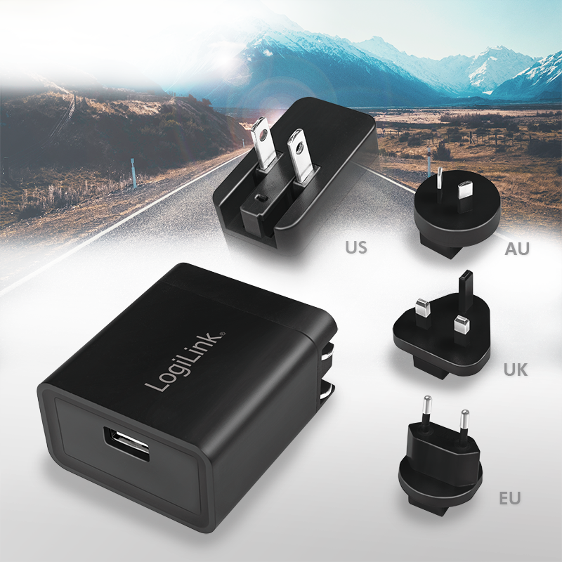 USB Rejseoplader - 5V 2,1A (US-/AU-/UK-/EU-stik)