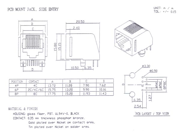 RJ11 fatning (6P4C) til print, sideindgang