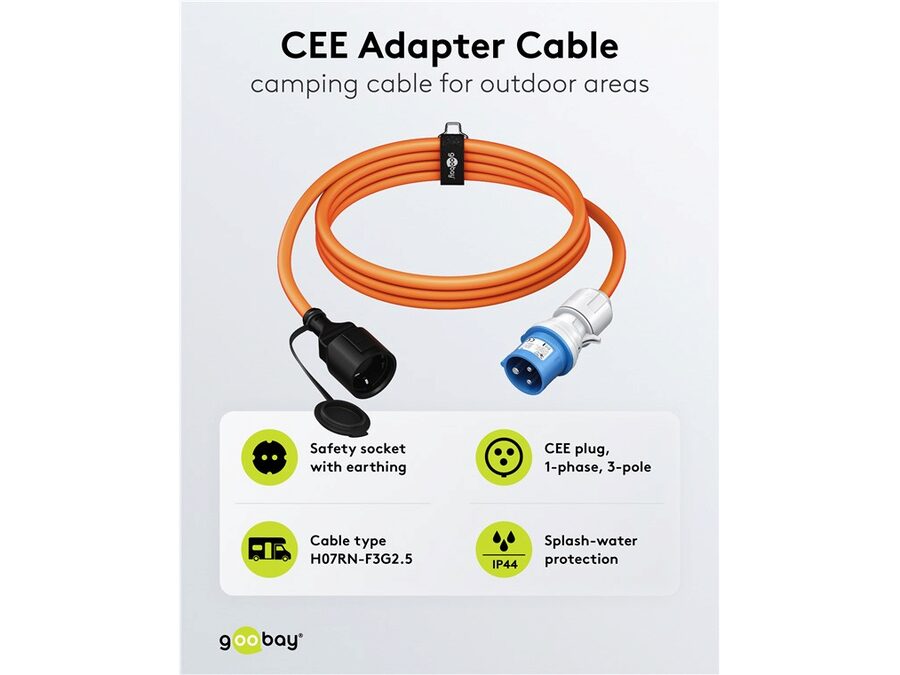 CEE camping adapter - CEE 7/3 F hun til 3P CEE han (5m)