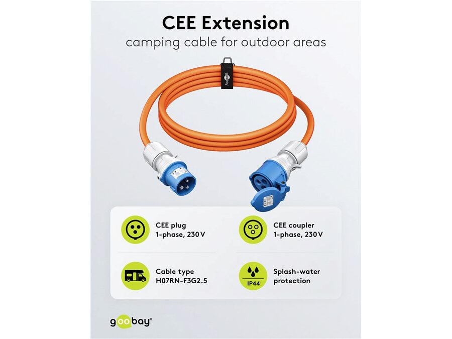 CEE forlængerkabel - CEE 3P hun til CEE 3P han (5m)
