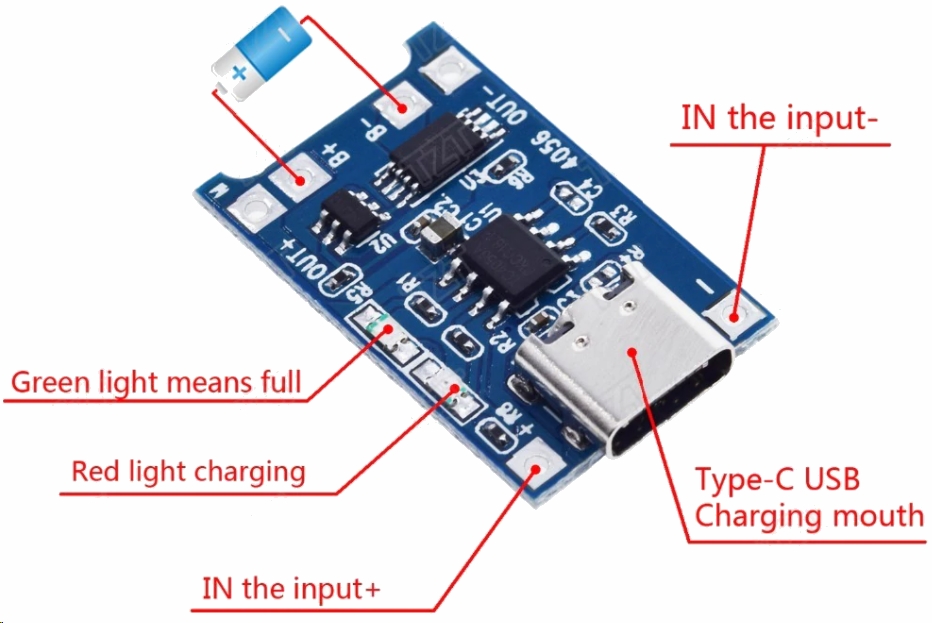 LiION/LiPOL batterilademodul TP4056 - 5V, USB-C ind (1A)