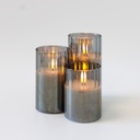 LED bloklys sæt i røgfarvet glas med flammeeffekt, 3 stk, inkl. fjernbetjening og timer, 10/12,5/15cm høje, ægte stearin