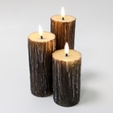 LED Træ-look bloklys sæt med smeltet look og flammeeffekt - Ø5,5cm, 10/12,5/15cm høj - Inkl. fjernbetjening