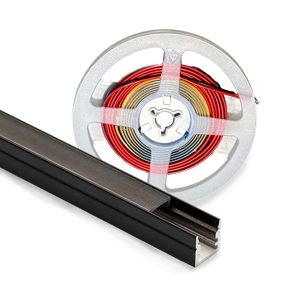 Profilsæt til akustikpanel med 10W COB LED strip - Enkeltfarvet LED strip, sort cover og endestykker, 1150lm