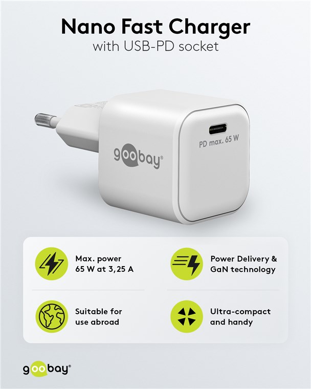 USB-C PD netadapter - 1xUSB-C, 65W/3,25A, Hvid