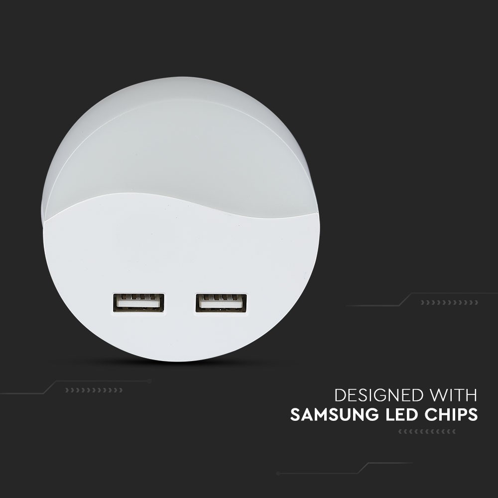 LED Natlampe med Samsung Chip - 0,45W, EU-stik, USB, 3000K, Rund - Kvalitetsbelysning til hyggelige aftener.
