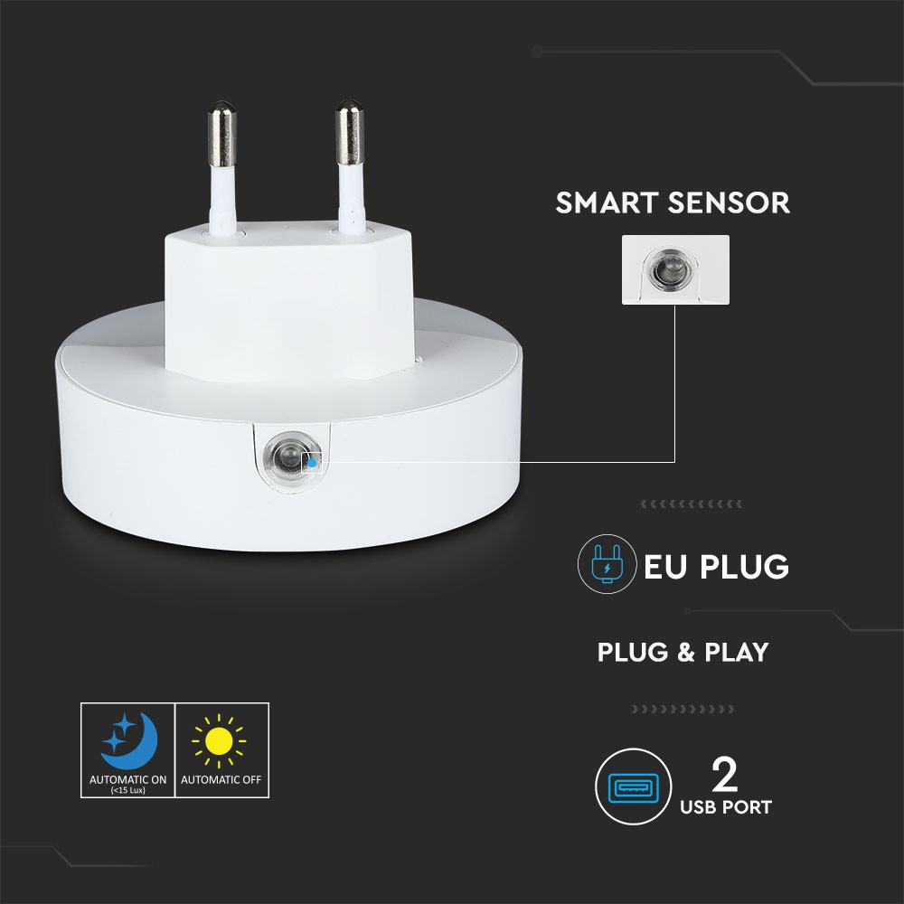 LED Natlampe med Samsung Chip - 0,45W, EU-stik, USB, 3000K, Rund - Kvalitetsbelysning til hyggelige aftener.