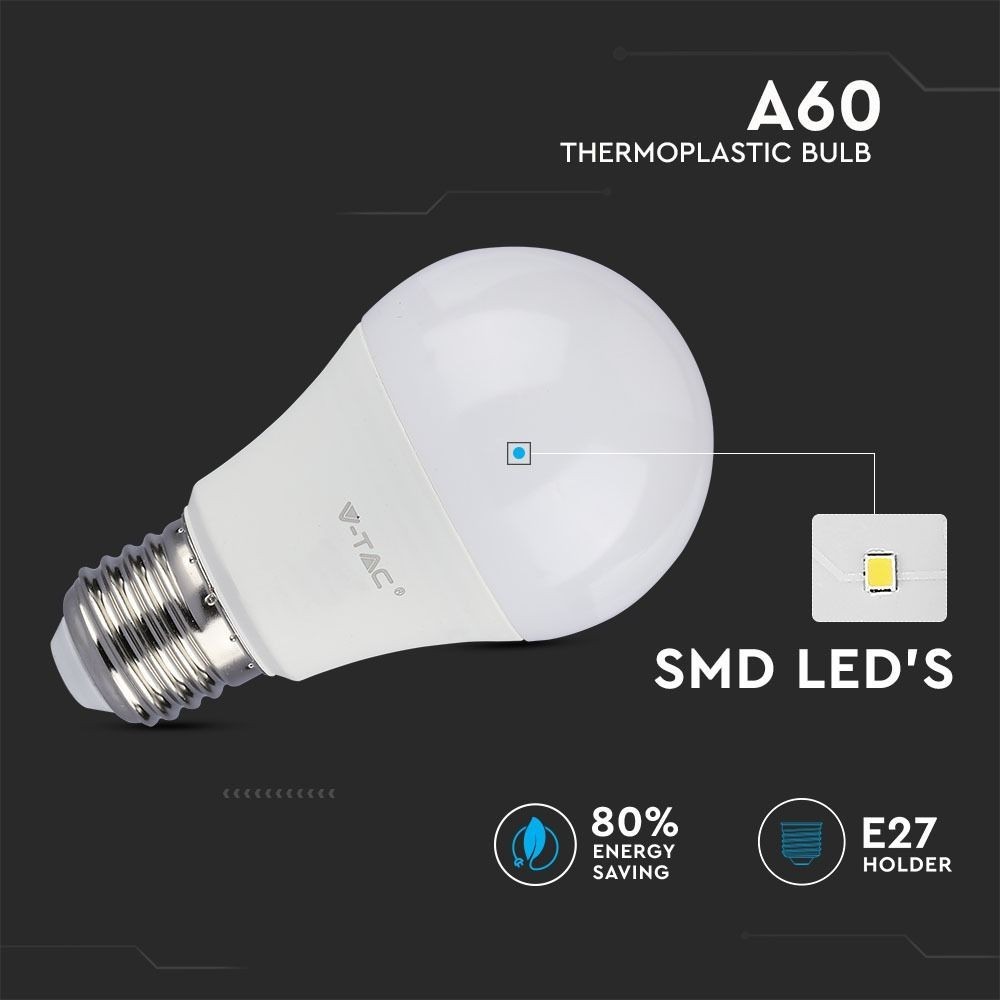 V-Tac 9W LED pære - 200 grader, A60, E27, 806lm, RA80