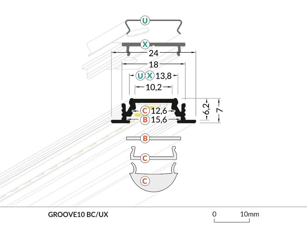 DIOFLEX Alu profil GROOVE10 BC/UX indbyg 1m24x7mm