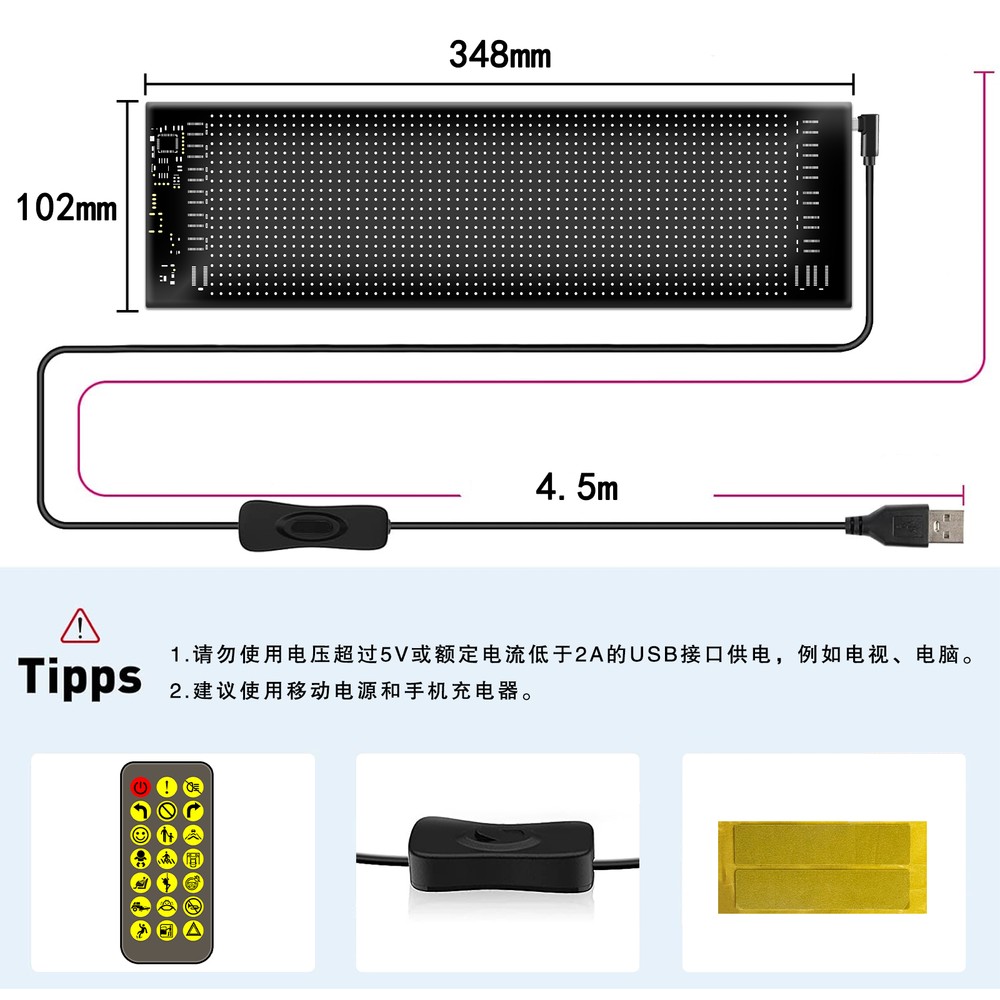 Pixel matrix panel 16x96 LED-display med Bluetooth-forbindelse og strømforsyning via 5V USB-port