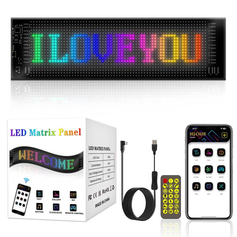 Pixel matrix panel 16x96 LED-display med Bluetooth-forbindelse og strømforsyning via 5V USB-port