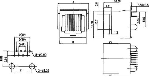 RJ12 modular telefonfatning (6P6C) til print