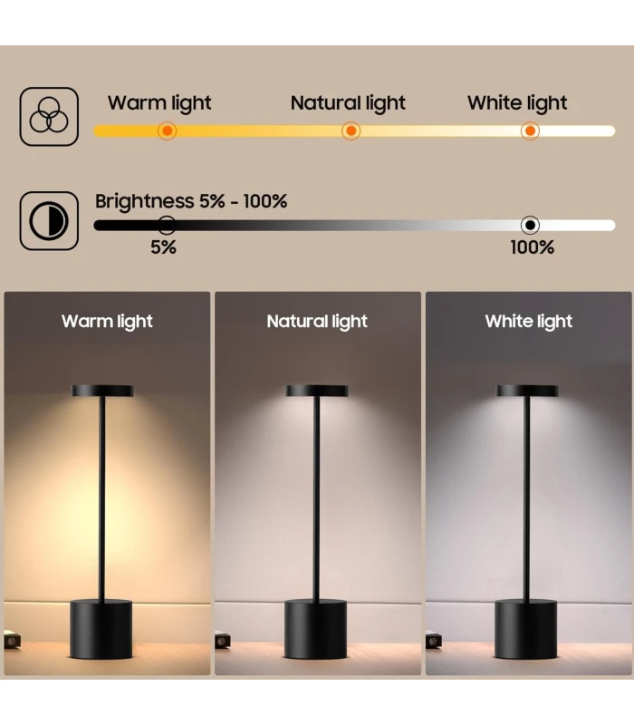 Opladelig LED bordlampe, Sort, touch dæmpbar
