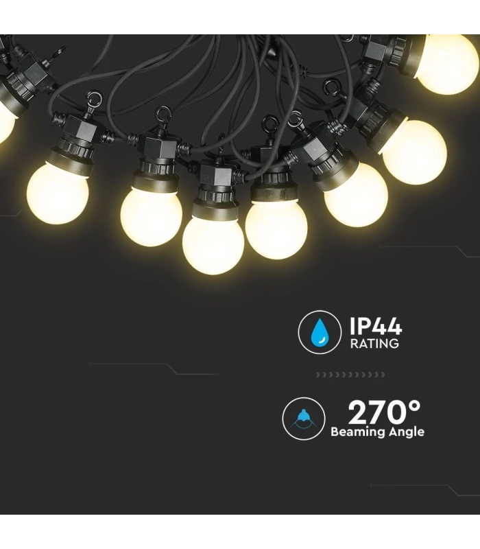 V-Tac LED lyskæde - 10 pærer, 5 meter, IP44, inkl. lyskilde, 5W, 230V, 300lm