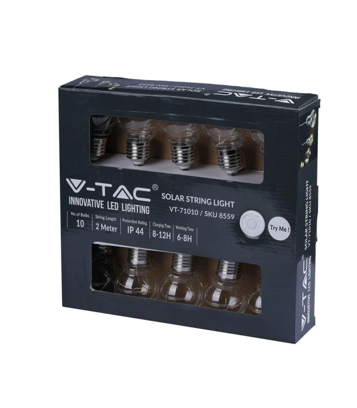 V-Tac Solcelle lyskæde med 10 stk. 1W pærer - 2 meter, IP44, inkl. lyskilde - 100lm.