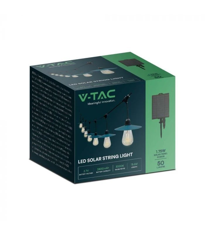 V-Tac Solcelle lyskæde med 15 stk. 0.2W pærer - 15 meter, IP44, inkl. lyskilde - 1,75W effekt, 50lm