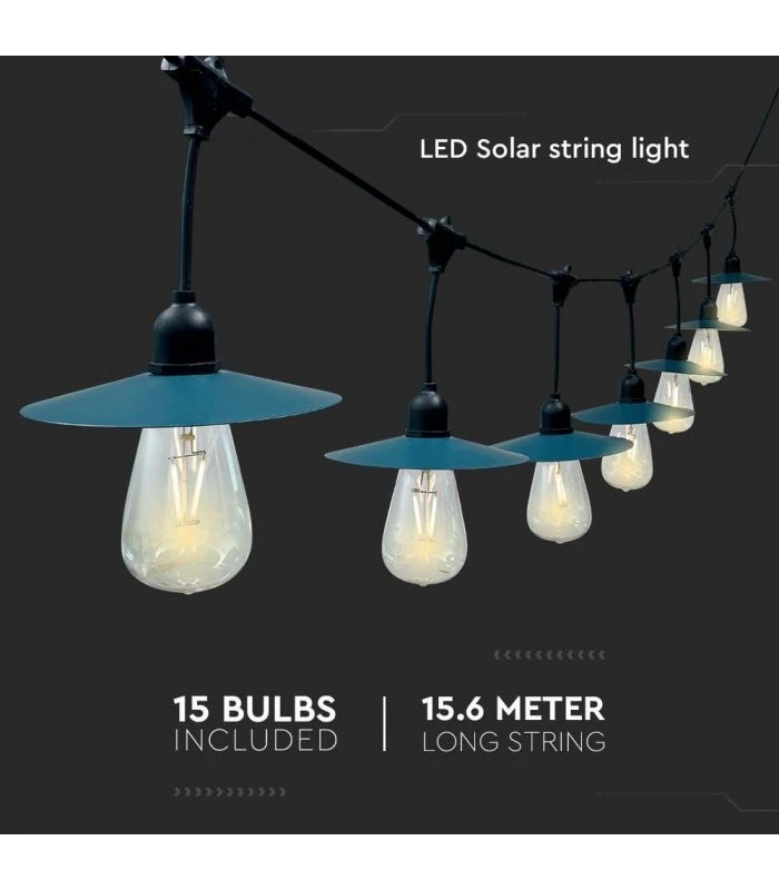 V-Tac Solcelle lyskæde med 15 stk. 0.2W pærer - 15 meter, IP44, inkl. lyskilde - 1,75W effekt, 50lm