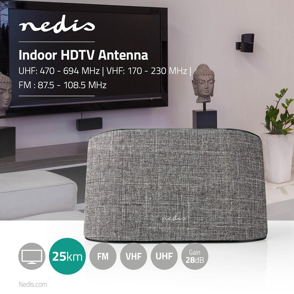 Indendørs DVB-T antenne - 0-25km, 28dB, FM/VHF/UHF, Grå