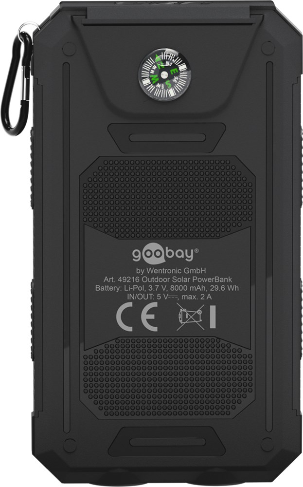 Powerbank 8.0 med solcelle og lygte - 8.000mAh, Sort