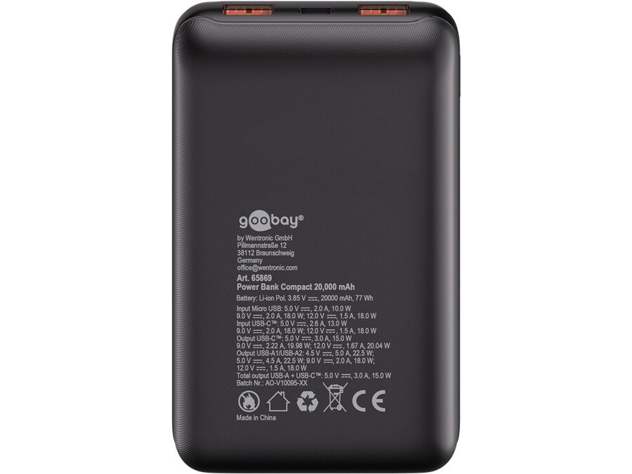 Power Bank Compact 20.000mAh, USB-A QC + USB-C PD (22W)