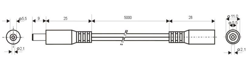DC forlængerkabel - 5,5x2,1mm han/hun, 0,5mm², Sort (5m)