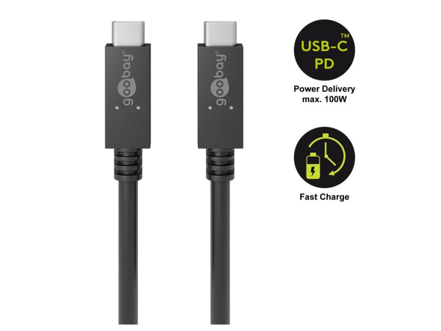 USB 3.2 PD kabel - 2 x USB-C, 5A / 100W / 20V, Sort (0,5m)
