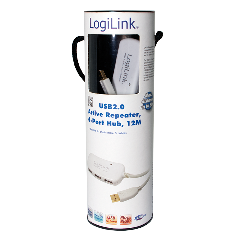 USB 2.0 Repeaterkabel m. 4-port HUB - Hvid (12m)