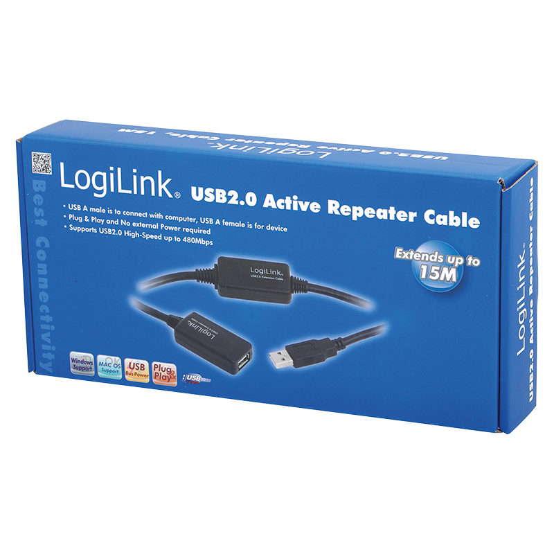 USB 2.0 repeaterkabel - A han til A hun, Sort (15m)