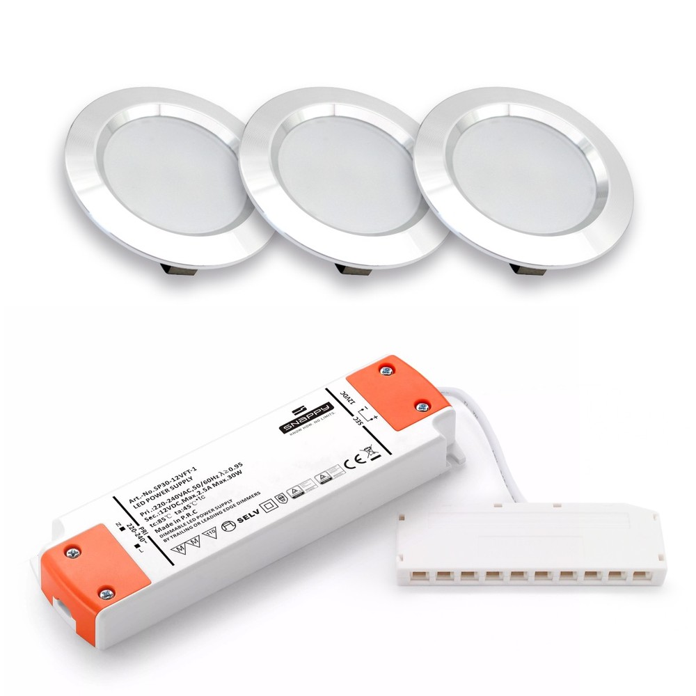 LEDlife Reco68 møbelspot - Børstet stål, inkl. dæmpbar strømforsyning, 3 stk. - 2,5W LED, erstatter 25W, 12V input, 180lm, RA80