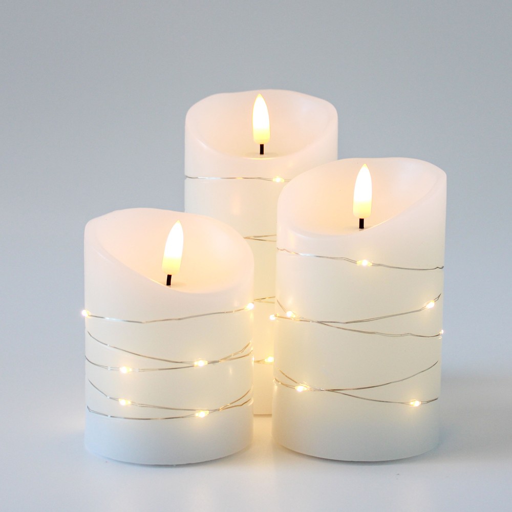 LED Bloklys sæt med lyskæde og flammeeffekt - Ø7,5cm, 10/12,5/15cm høj, fjernbetjening, timer, ægte stearin