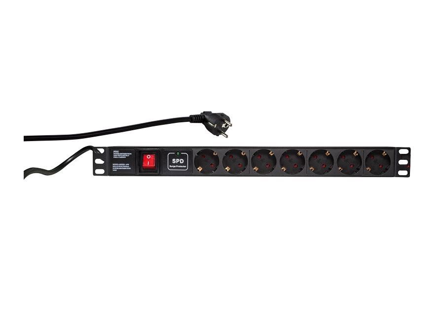 19" El-rackpanel - 7 x CEE7/3 hun, ON/OFF kontakt, Sort (2m)