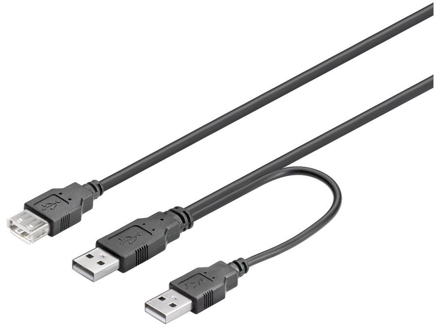 USB 2.0 dual-power kabel - 2 x A han til A hun, Sort (30cm)
