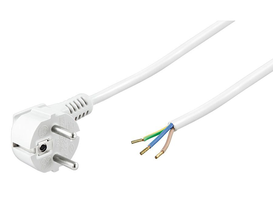 Strømkabel - 90° CEE7/7 til løs ende, 3x0,75mm², Hvid (1,5m)
