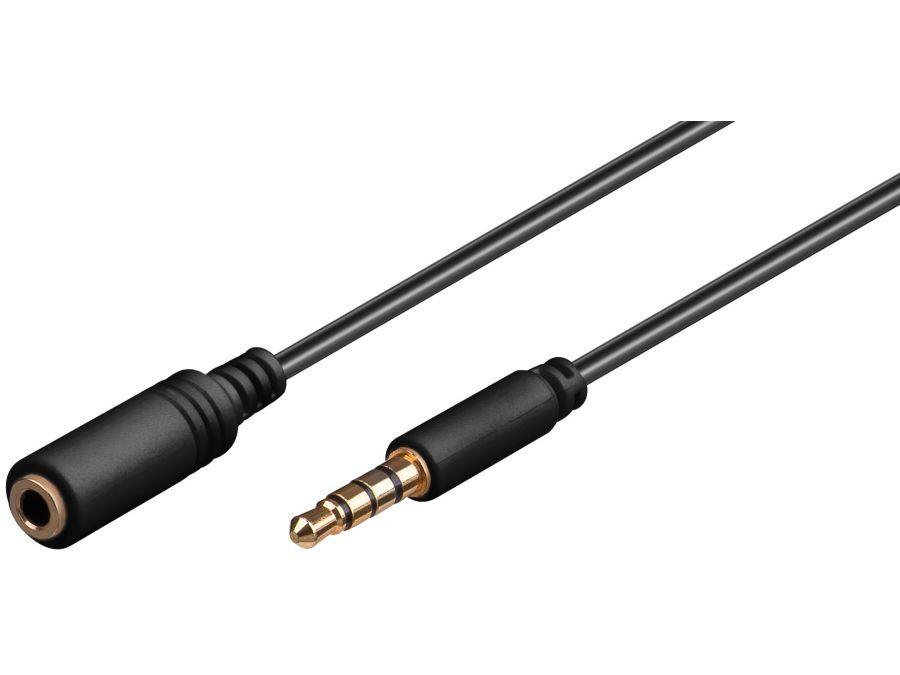 4pol audioforlængerkabel - 3,5mm JACK han/hun, Sort (1m)