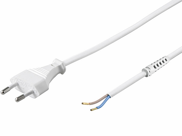 Strømkabel - Euro han til løs ende m. aflastn., Hvid (1,5m)