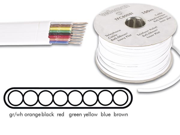 Telefonledning - 8x0,08mm² FK8 CU trådet, Hvid (metervare)