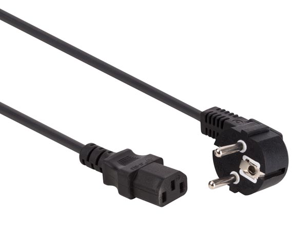 Strømkabel - CEE7/7 90° han > C13 (3pol AC hun) Sort (2,5m)