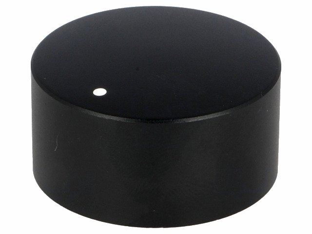 Drejeknap, Sort alu. - Ø35x19mm, Hvid prik, 6mm rillet aksel